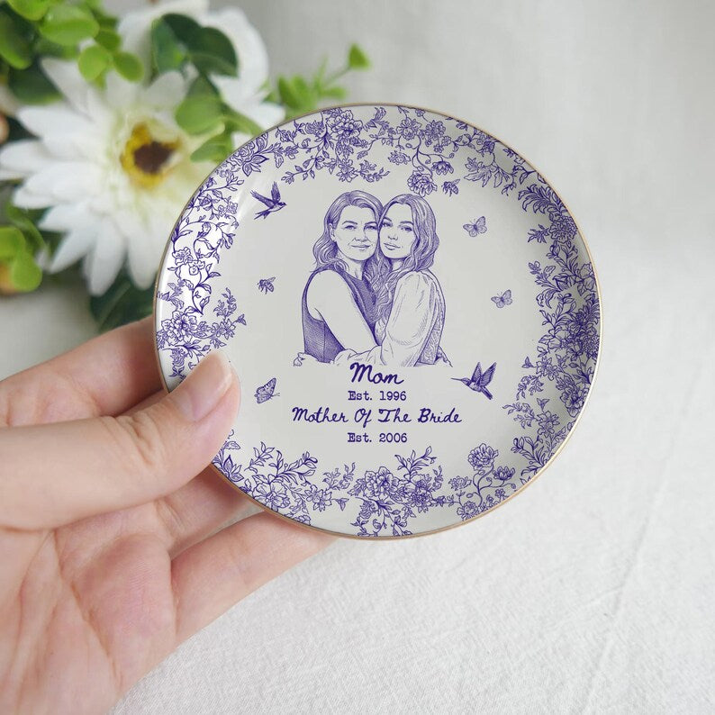 Custom Mother of the Bride Jewelry Tray, Custom Photo Toile de Jouy Ring Dish, Ceramic Tray, Gift for Mom, Mother's day gift