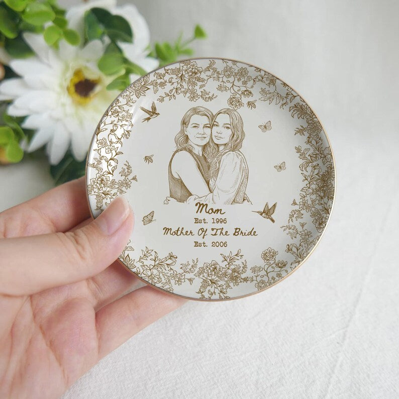 Custom Mother of the Bride Jewelry Tray, Custom Photo Toile de Jouy Ring Dish, Ceramic Tray, Gift for Mom, Mother's day gift