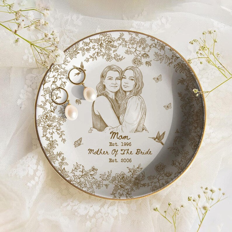 Custom Mother of the Bride Jewelry Tray, Custom Photo Toile de Jouy Ring Dish, Ceramic Tray, Gift for Mom, Mother's day gift