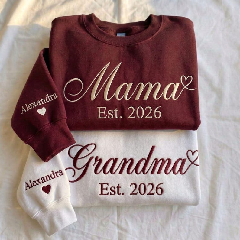 Custom Embroidered Mama Grandma Sweatshirt & Hoodie, Name On Sleeve With Heart, Gift For New Mom, Mothers Day Gifts