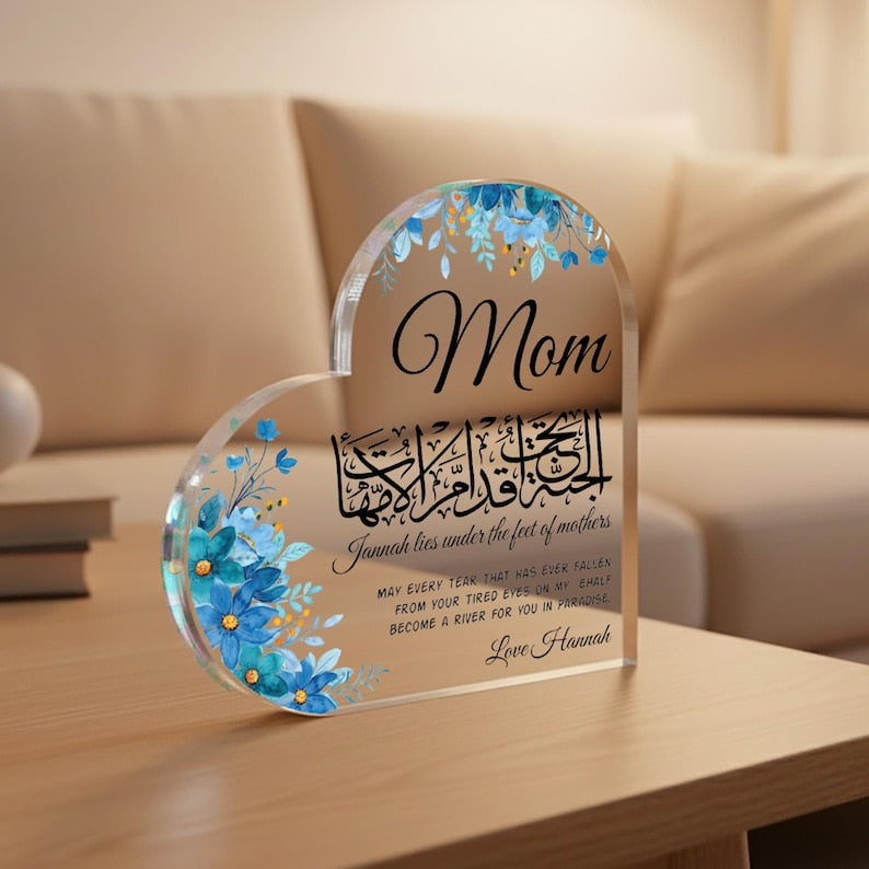 Islamic Mom Gift Acrylic Heart Block, Arabic Calligraphy Mom Plaque, Jannah Lies Under Mother s Feet Gift, Muslim Mothers Day Gift, Dua Gift