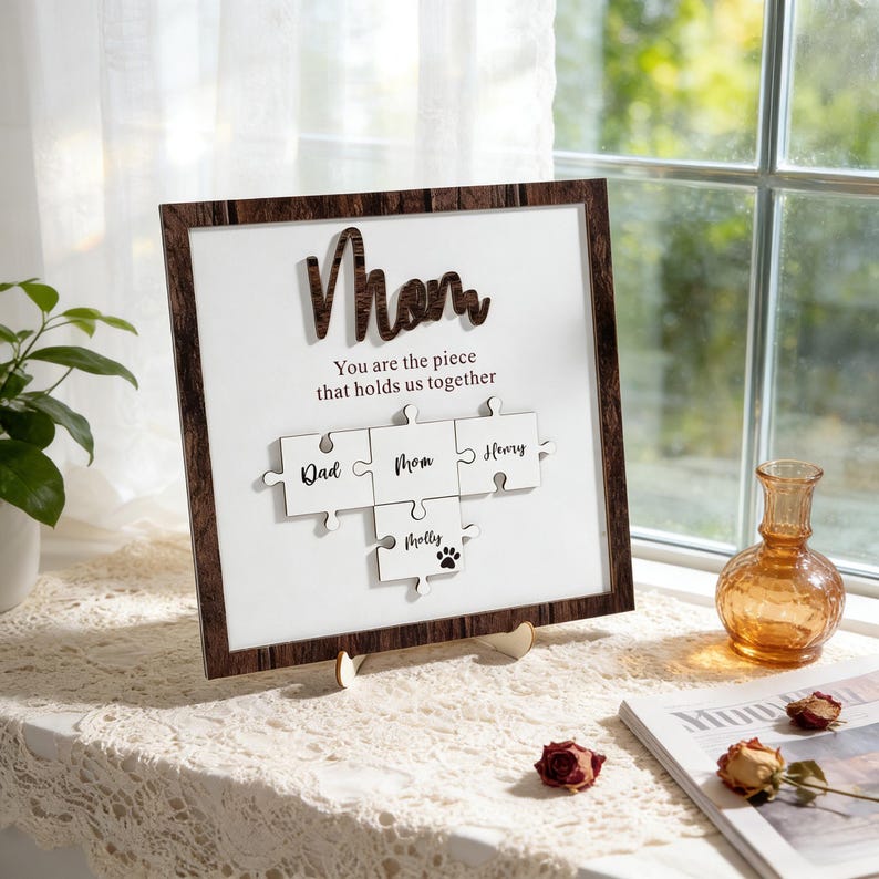 Personalized Mom Puzzle Sign,Mother's Day Gift from Kids Husband,Piece That Holds Us Together Grandma Gift,Customized Puzzle Pieces Sign