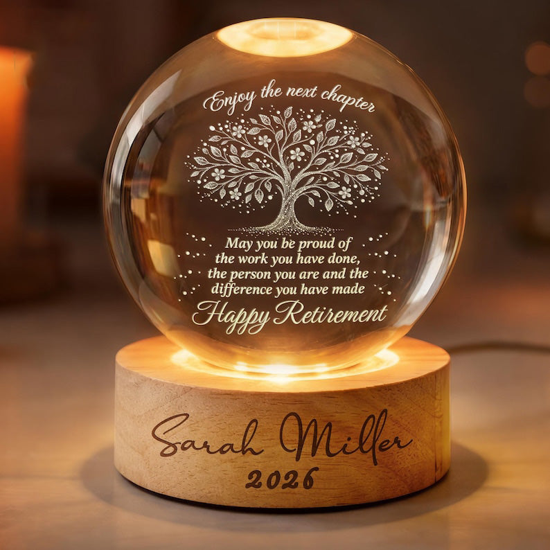 Personalized Retirement Crystal Ball Light Night, Happy Retirement LED Light,Custom Retirement Gift For Boss Co Worker, Retired Gift For Her