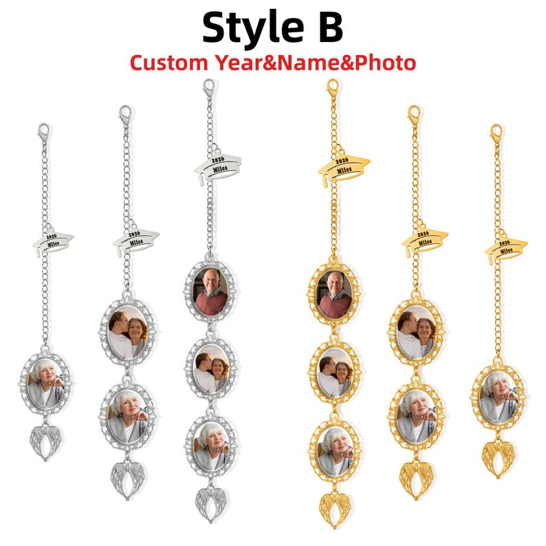 Custom Graduation Memorial Photo Charm, Angel Wing Tassel Hanging for Grad Cap, Personalized Graduation Keepsake