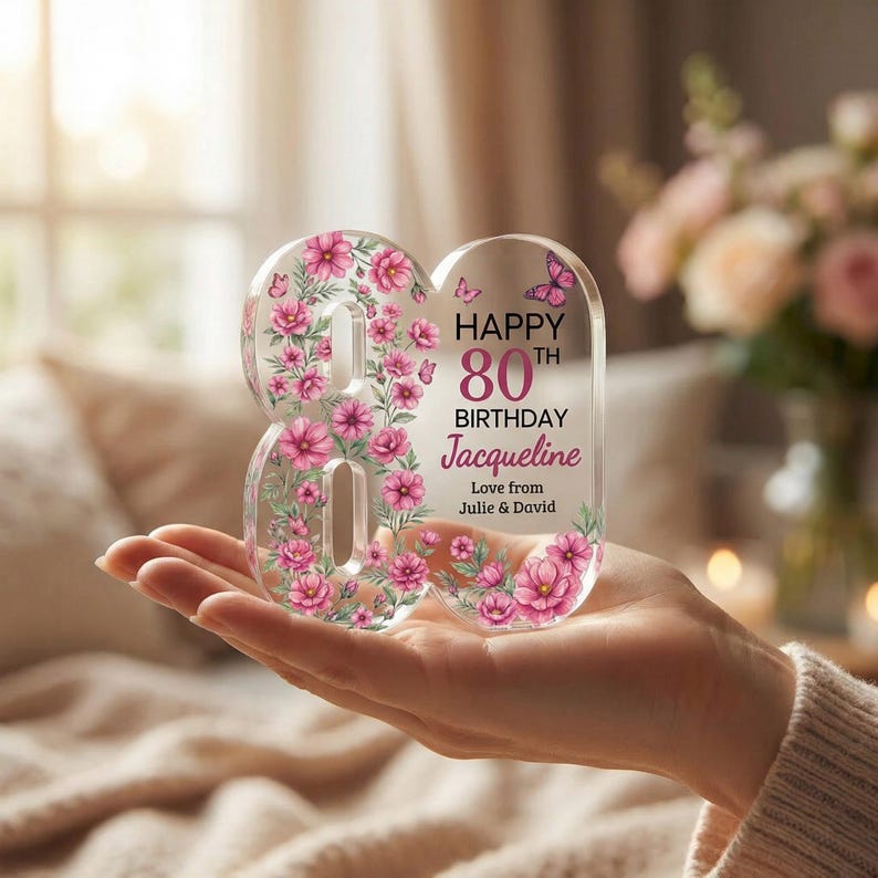 Personalised 80th Birthday Gift Plaque, Happy 80th Birthday Gift For Her, 80th Birthday Gifts, Floral 80th Gift, Gift for Mum Nan