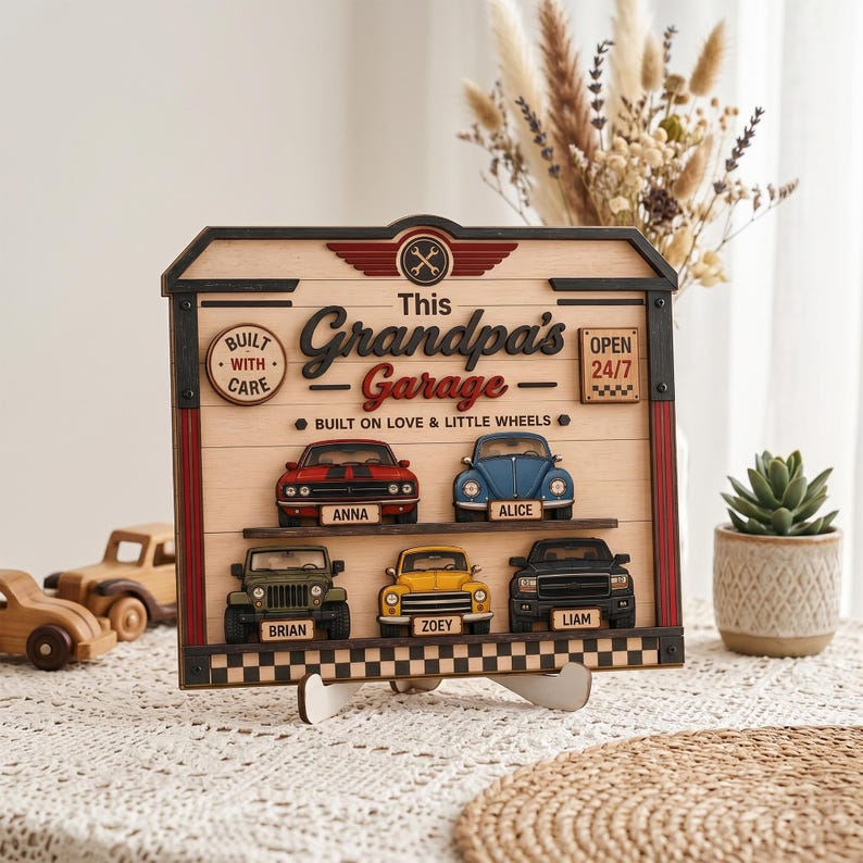 Personalized Grandpa's Garage Wood Sign, Custom Kids Name Car Decor, Father's Day Gift for Grandpa, Garage Wall Art, Classic Car Lover Gift