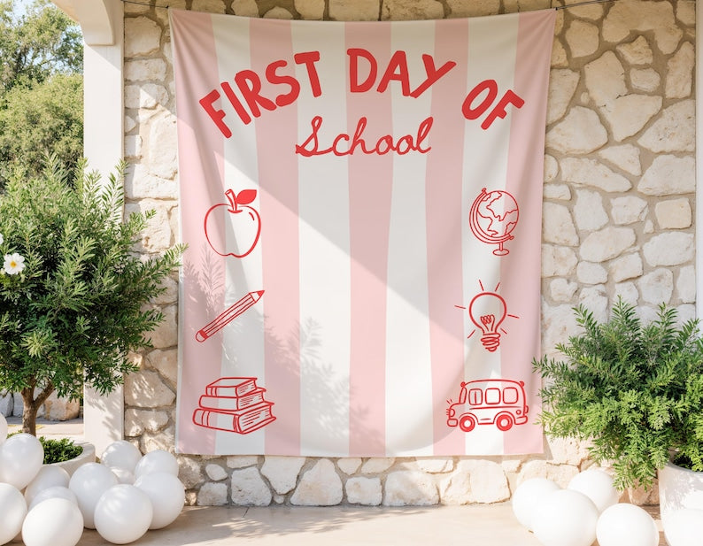 Striped First Day of School Banner, Back to School Sign, Personalized Photo Backdrop, Classroom Decor, Striped Fabric Banner Decor