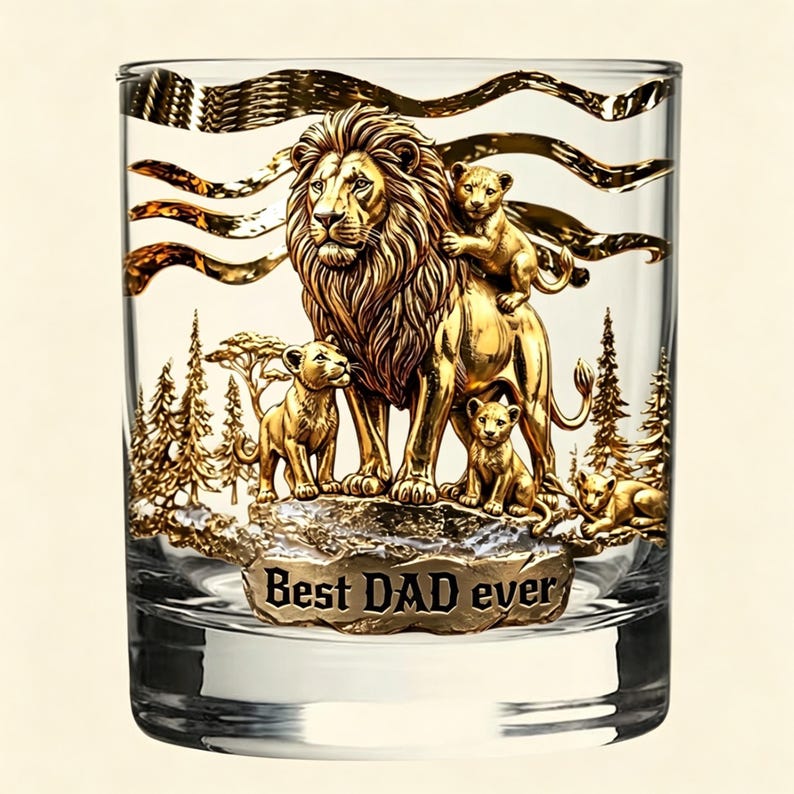 Personalized Lion Family Whiskey Glass Custom Names on Cubs Best Dad Ever Gift Father's Day Gift