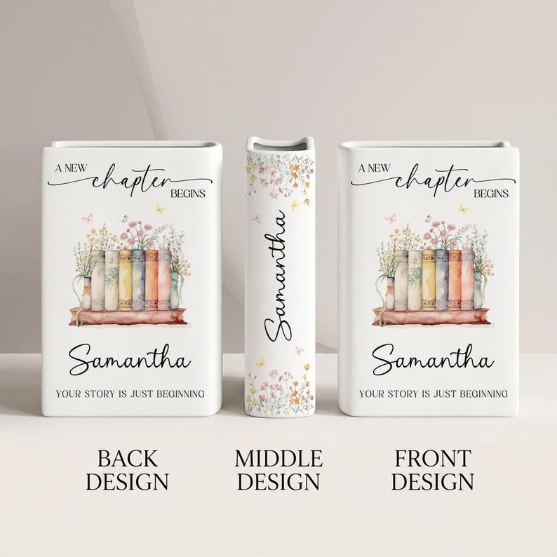 Personalized New Chapter Begin Book Vase, Custom Name Literary Decor,Floral Book Stack Vase,Book Lover,Reader Home Decor,Retirement,Birthday