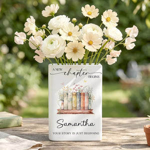 Personalized New Chapter Begin Book Vase, Custom Name Literary Decor,Floral Book Stack Vase,Book Lover,Reader Home Decor,Retirement,Birthday