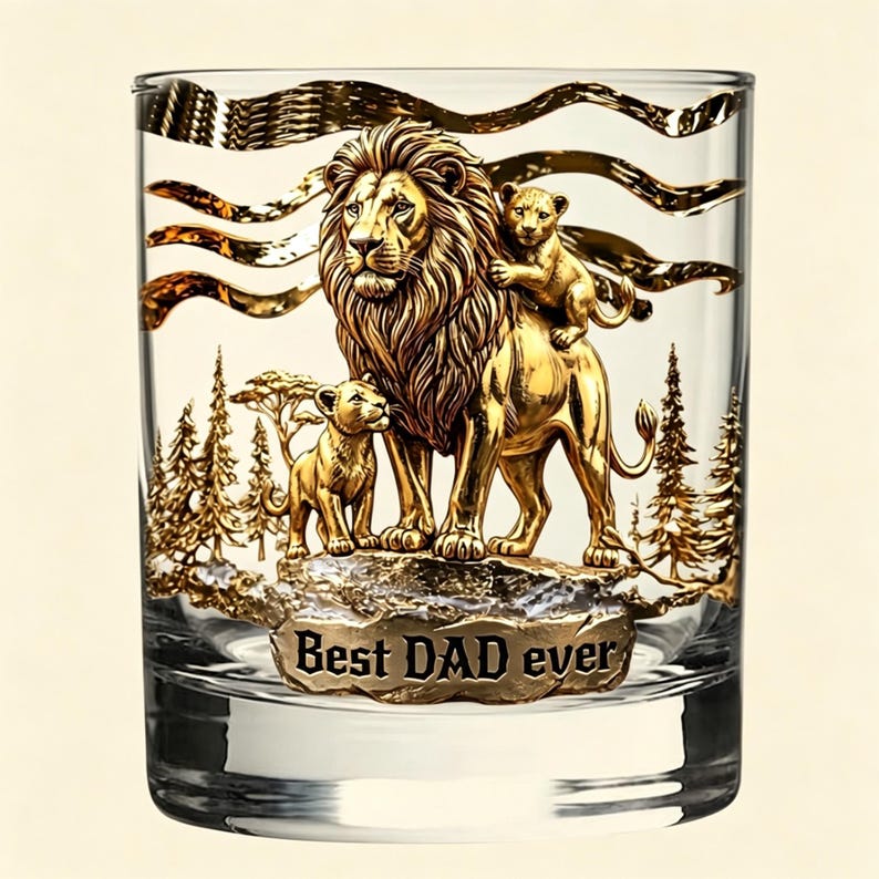 Personalized Lion Family Whiskey Glass Custom Names on Cubs Best Dad Ever Gift Father's Day Gift