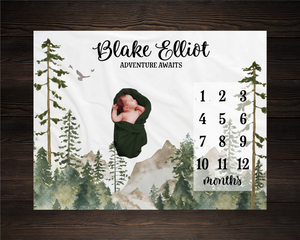 Mountains Milestone Blanket, Monthly Growth Tracker, Personalized Baby Blanket, Custom Blanket, Baby Shower Gift, New Baby Gift