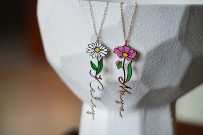 Personalized Birth Flower Necklace Custom Name Necklace Floral Name Necklace Custom Name Jewelry, Personalized Gifts For Her Christmas Gifts