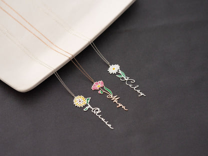 Personalized Birth Flower Necklace Custom Name Necklace Floral Name Necklace Custom Name Jewelry, Personalized Gifts For Her Christmas Gifts