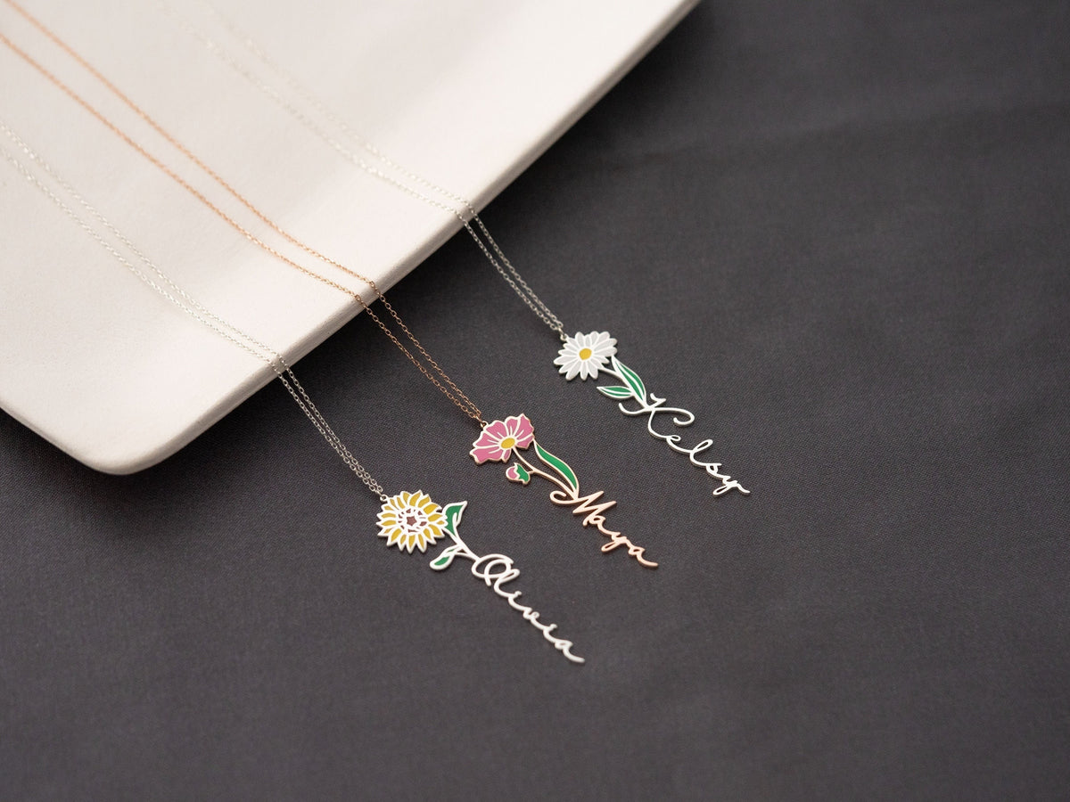 Personalized Birth Flower Necklace Custom Name Necklace Floral Name Necklace Custom Name Jewelry, Personalized Gifts For Her Christmas Gifts