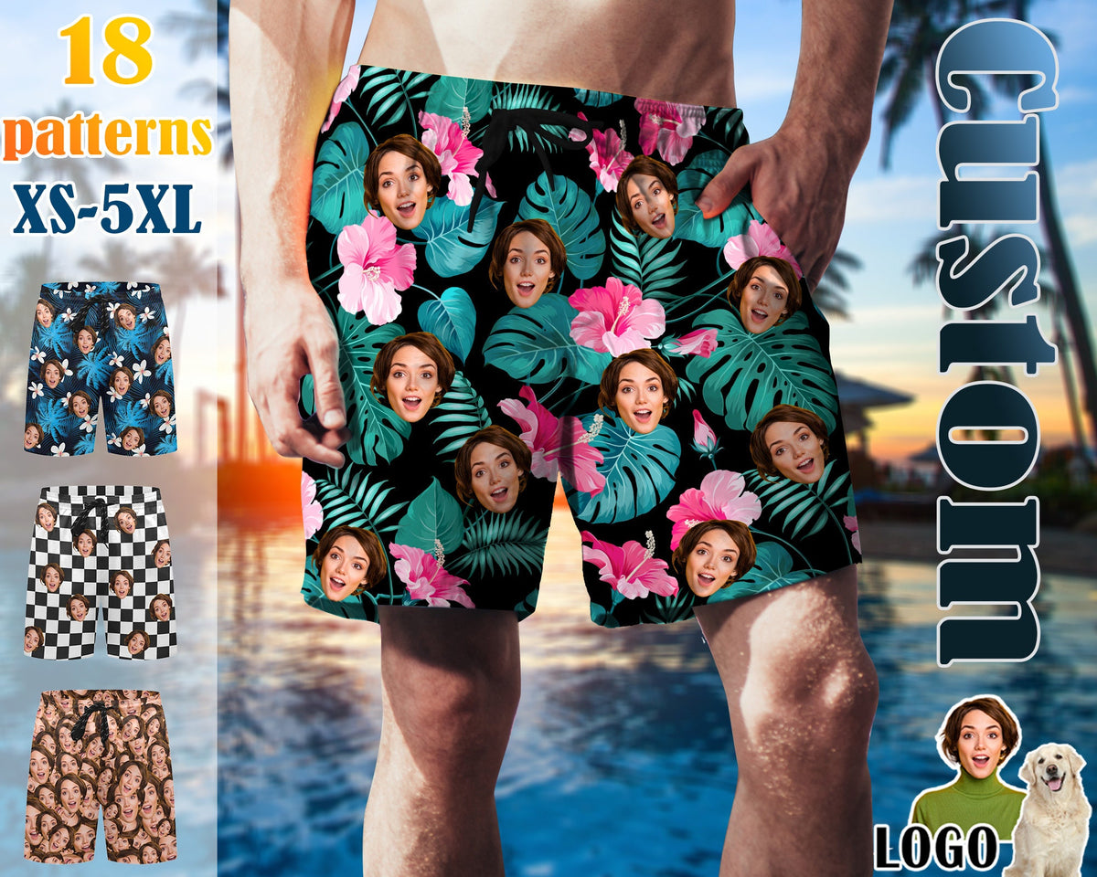 Custom Face Men Swimwear Personalized Men Bathing Suit Face on Beach Shorts Custom Face Swim Trunk Party/Vacation/Father's Day Gift for Dad