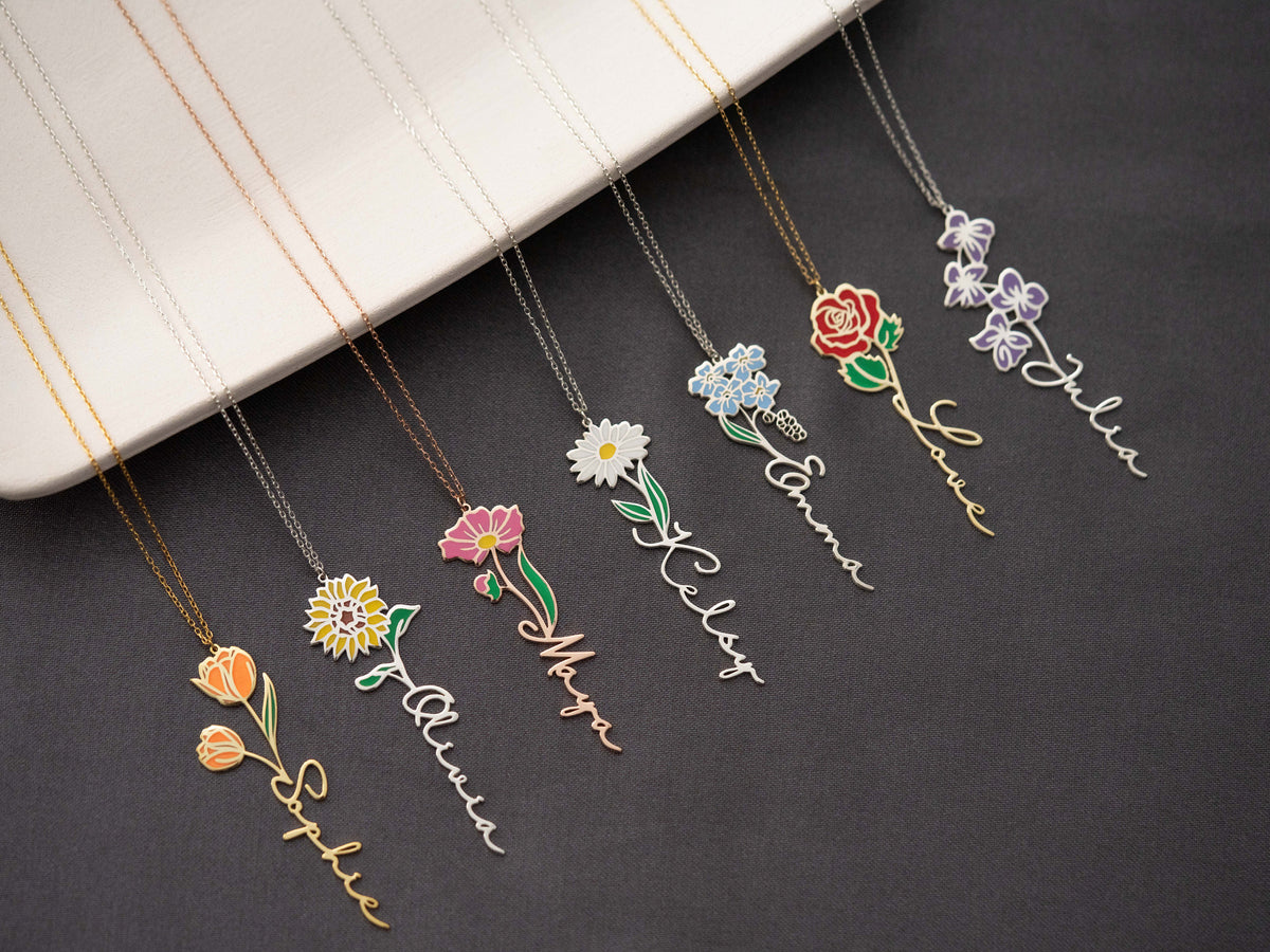 Personalized Birth Flower Necklace Custom Name Necklace Floral Name Necklace Custom Name Jewelry, Personalized Gifts For Her Christmas Gifts