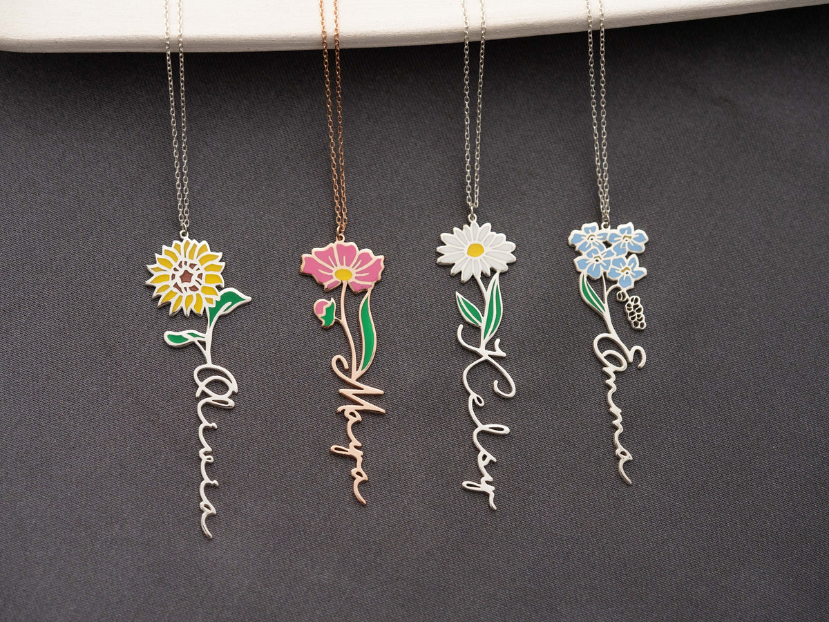 Personalized Birth Flower Necklace Custom Name Necklace Floral Name Necklace Custom Name Jewelry, Personalized Gifts For Her Christmas Gifts