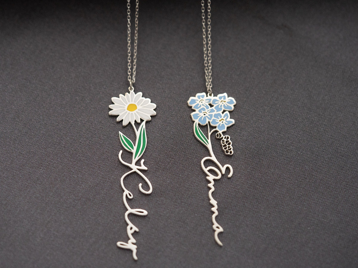 Personalized Birth Flower Necklace Custom Name Necklace Floral Name Necklace Custom Name Jewelry, Personalized Gifts For Her Christmas Gifts