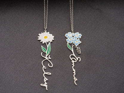 Personalized Birth Flower Necklace Custom Name Necklace Floral Name Necklace Custom Name Jewelry, Personalized Gifts For Her Christmas Gifts