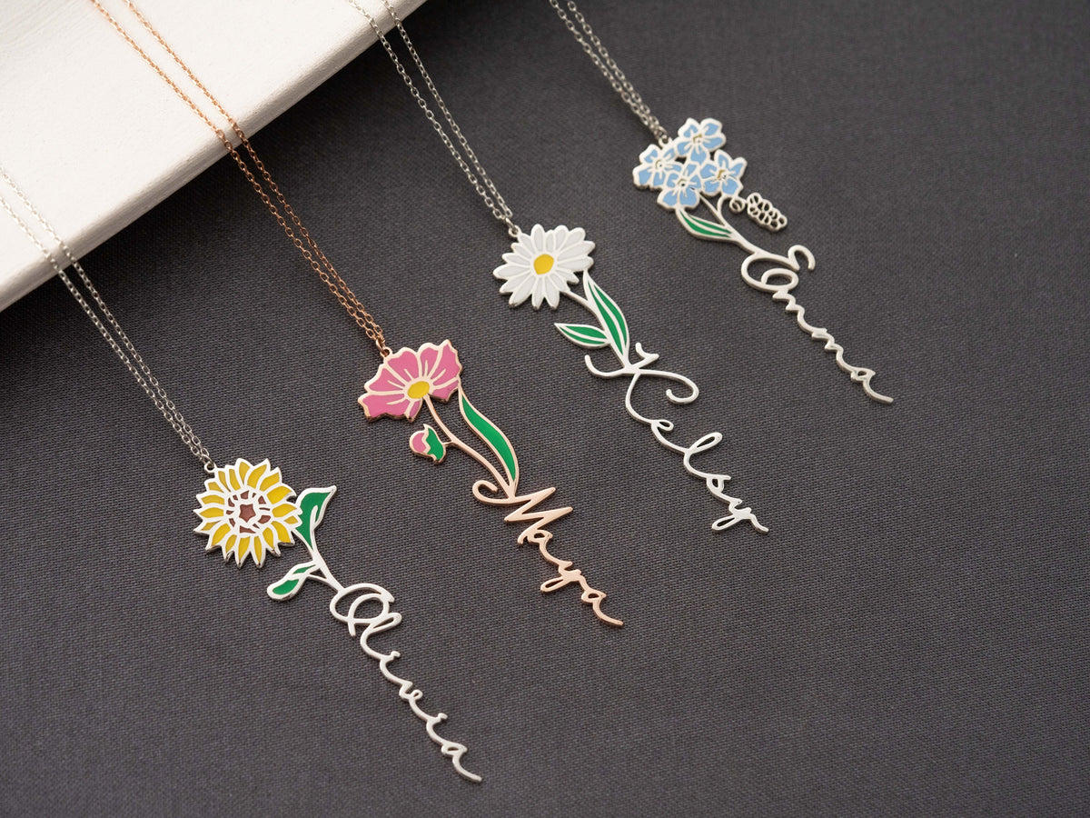 Personalized Birth Flower Necklace Custom Name Necklace Floral Name Necklace Custom Name Jewelry, Personalized Gifts For Her Christmas Gifts