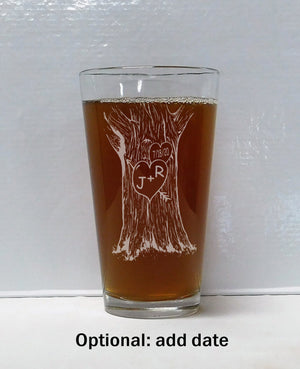 Sweetheart Tree pint glass or stemless wine glass, Engagement gift or wedding gift, Personalized