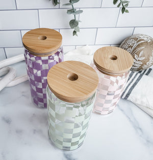 Retro Checkered Glass Cup | Iced Coffee Cup with Lid & Straw | 16oz | 20oz | Gift For Her | Trendy | Libbey Cup | Gift Idea | Beer Can Glass