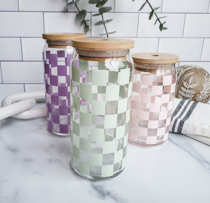 Retro Checkered Glass Cup | Iced Coffee Cup with Lid & Straw | 16oz | 20oz | Gift For Her | Trendy | Libbey Cup | Gift Idea | Beer Can Glass