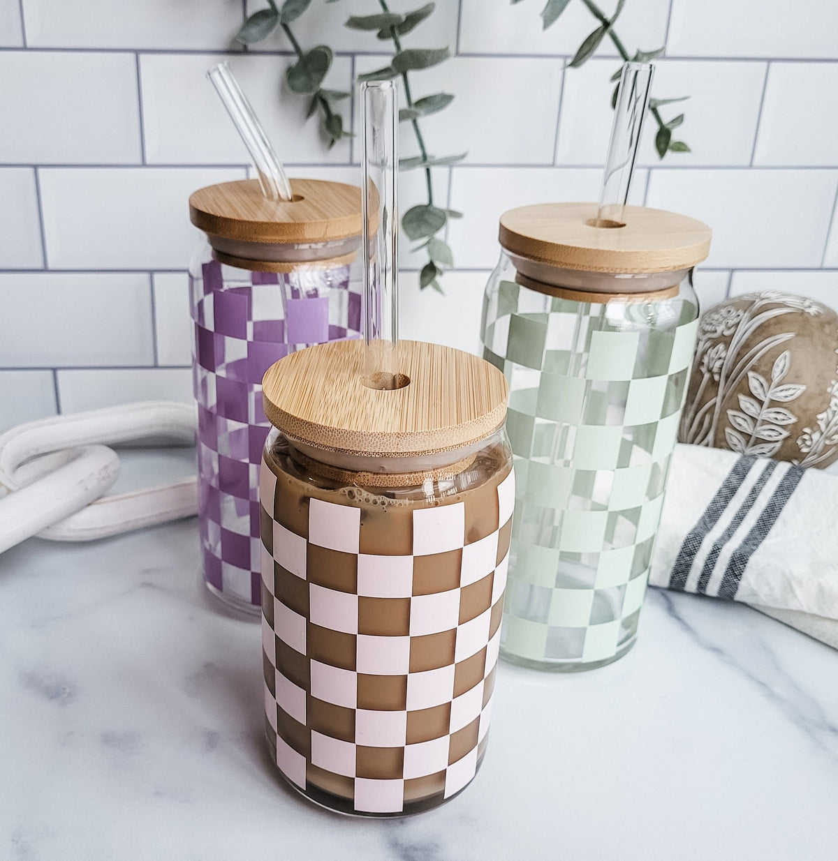 Retro Checkered Glass Cup | Iced Coffee Cup with Lid & Straw | 16oz | 20oz | Gift For Her | Trendy | Libbey Cup | Gift Idea | Beer Can Glass