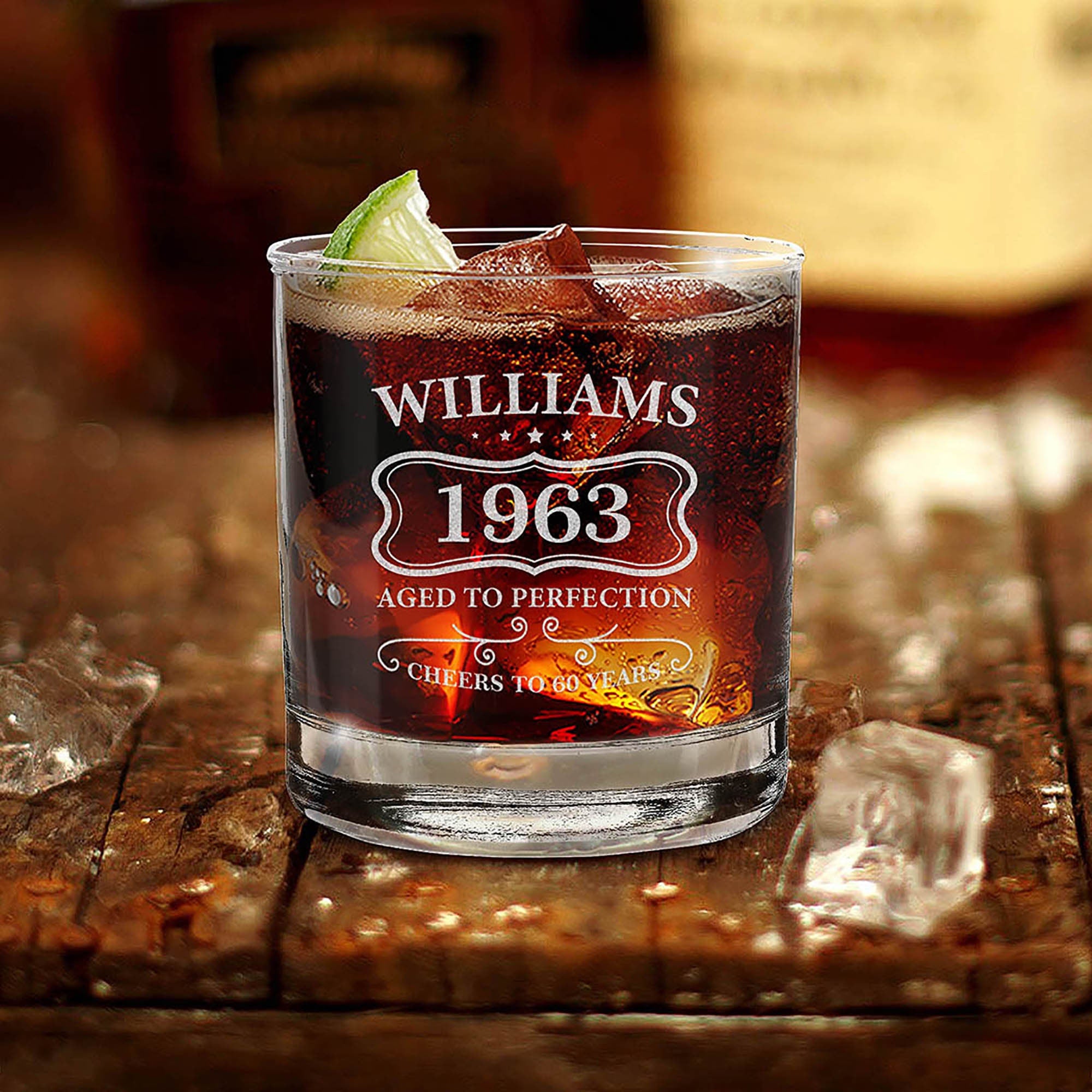 Personalized Aged To Perfection Birthday Custom Engraved Name, Year, Age Whiskey Glass 11 oz. Custom Whiskey Glass. Birthday Gift.