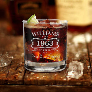 Personalized Aged To Perfection Birthday Custom Engraved Name, Year, Age Whiskey Glass 11 oz. Custom Whiskey Glass. Birthday Gift.