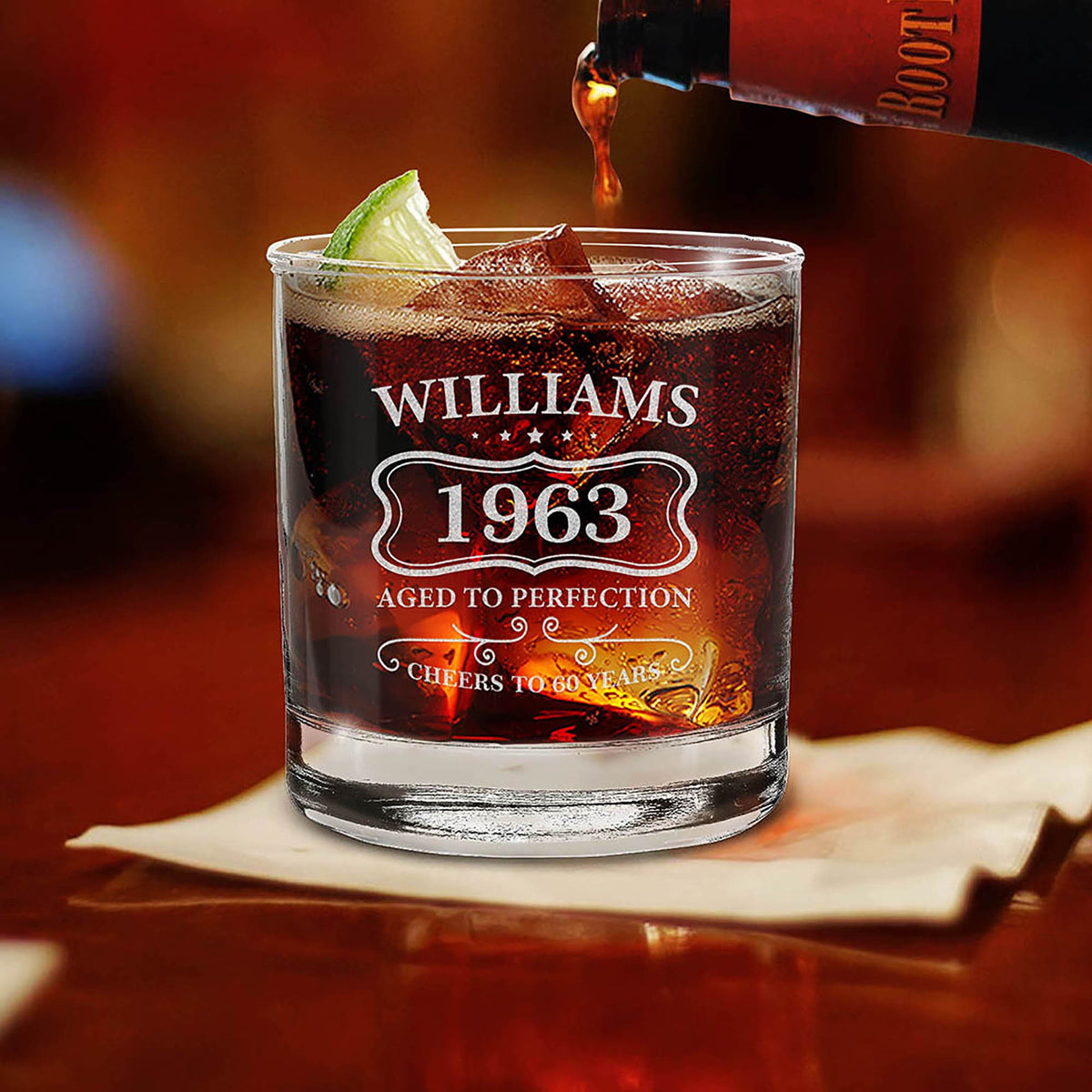 Personalized Aged To Perfection Birthday Custom Engraved Name, Year, Age Whiskey Glass 11 oz. Custom Whiskey Glass. Birthday Gift.