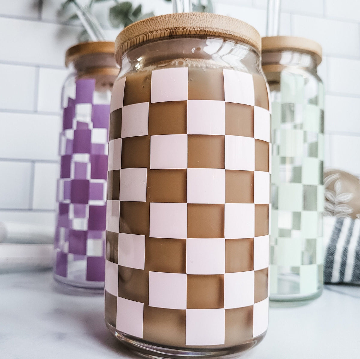 Retro Checkered Glass Cup | Iced Coffee Cup with Lid & Straw | 16oz | 20oz | Gift For Her | Trendy | Libbey Cup | Gift Idea | Beer Can Glass