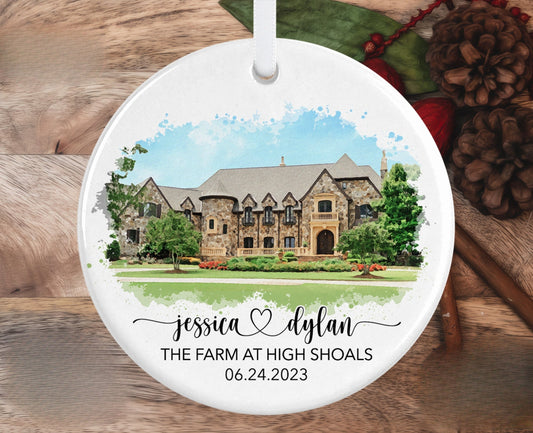 Wedding Venue Watercolor Ornament, First Anniversary Gift, Unique Personalized Wedding Gift for Couple, Gift for Bride, Newlywed Christmas