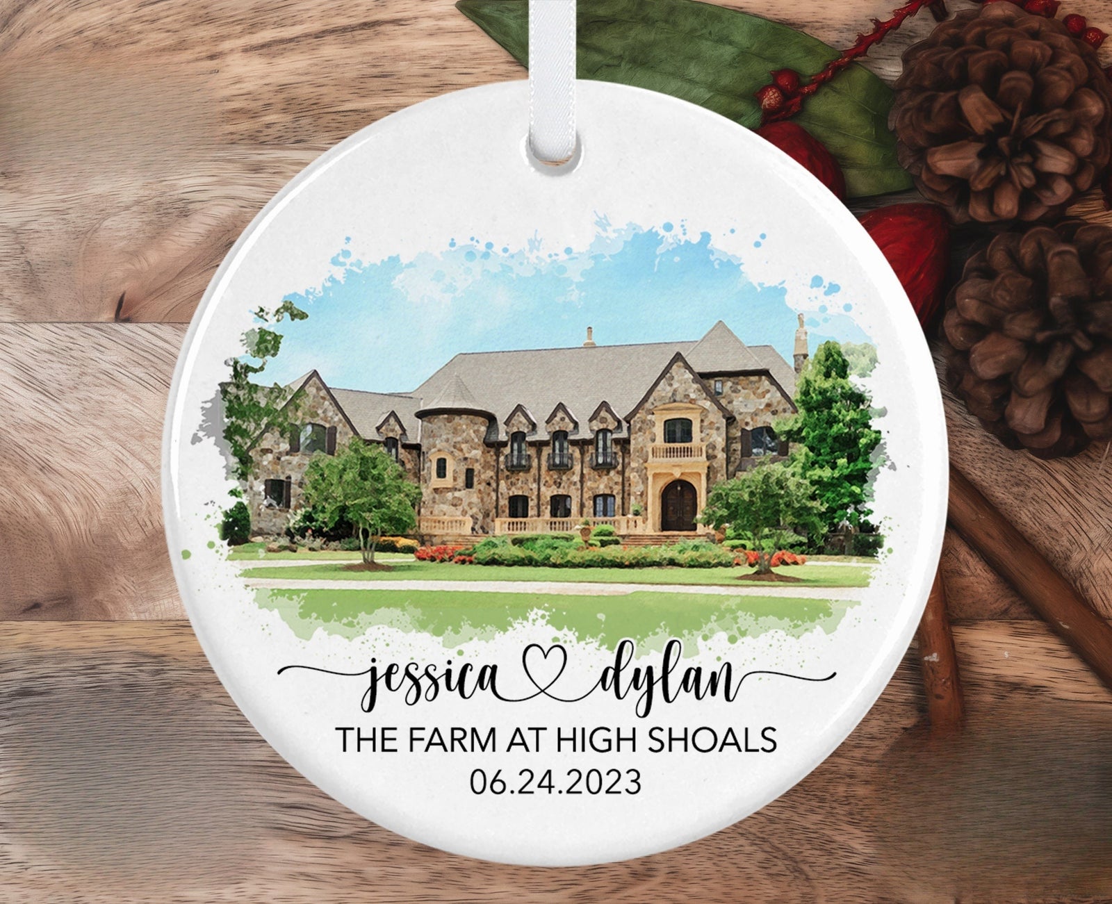Wedding Venue Watercolor Ornament, First Anniversary Gift, Unique Personalized Wedding Gift for Couple, Gift for Bride, Newlywed Christmas