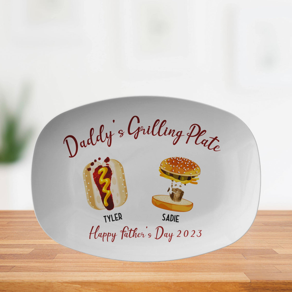 Personalized Handprint and Footprint Grilling Plate with Burger, Hot Dog, Custom Father's Day Gift from Kids, Memorable Heirloom Keepsake