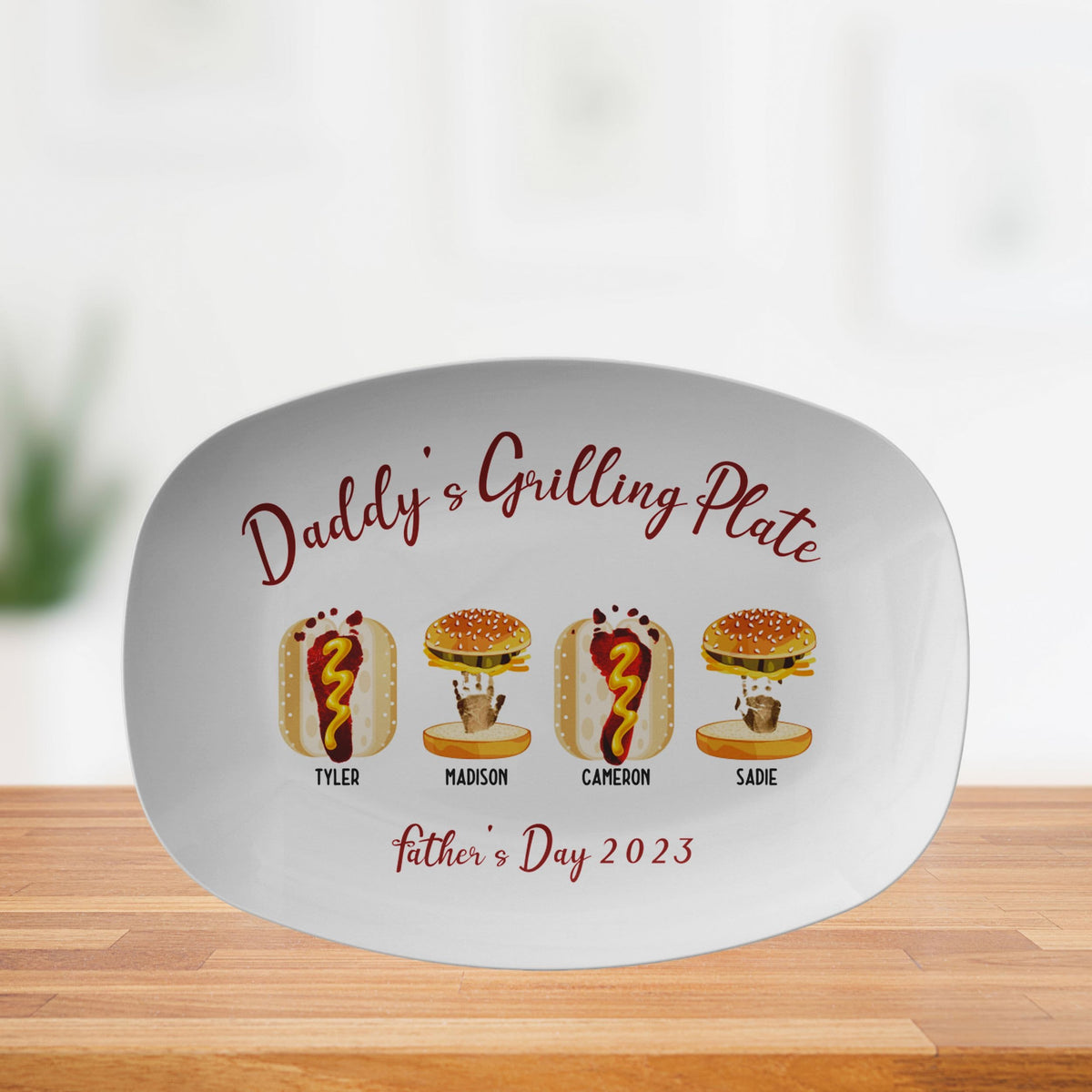 Personalized Handprint and Footprint Grilling Plate with Burger, Hot Dog, Custom Father's Day Gift from Kids, Memorable Heirloom Keepsake