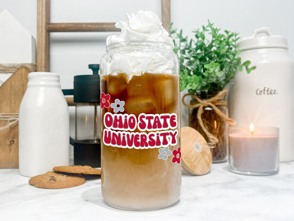 Custom College Merch 16oz Iced Coffee Glass, Sorority Merch College Logo Cup Name Tumbler Can Glass, Personalized College Student Gift Grad