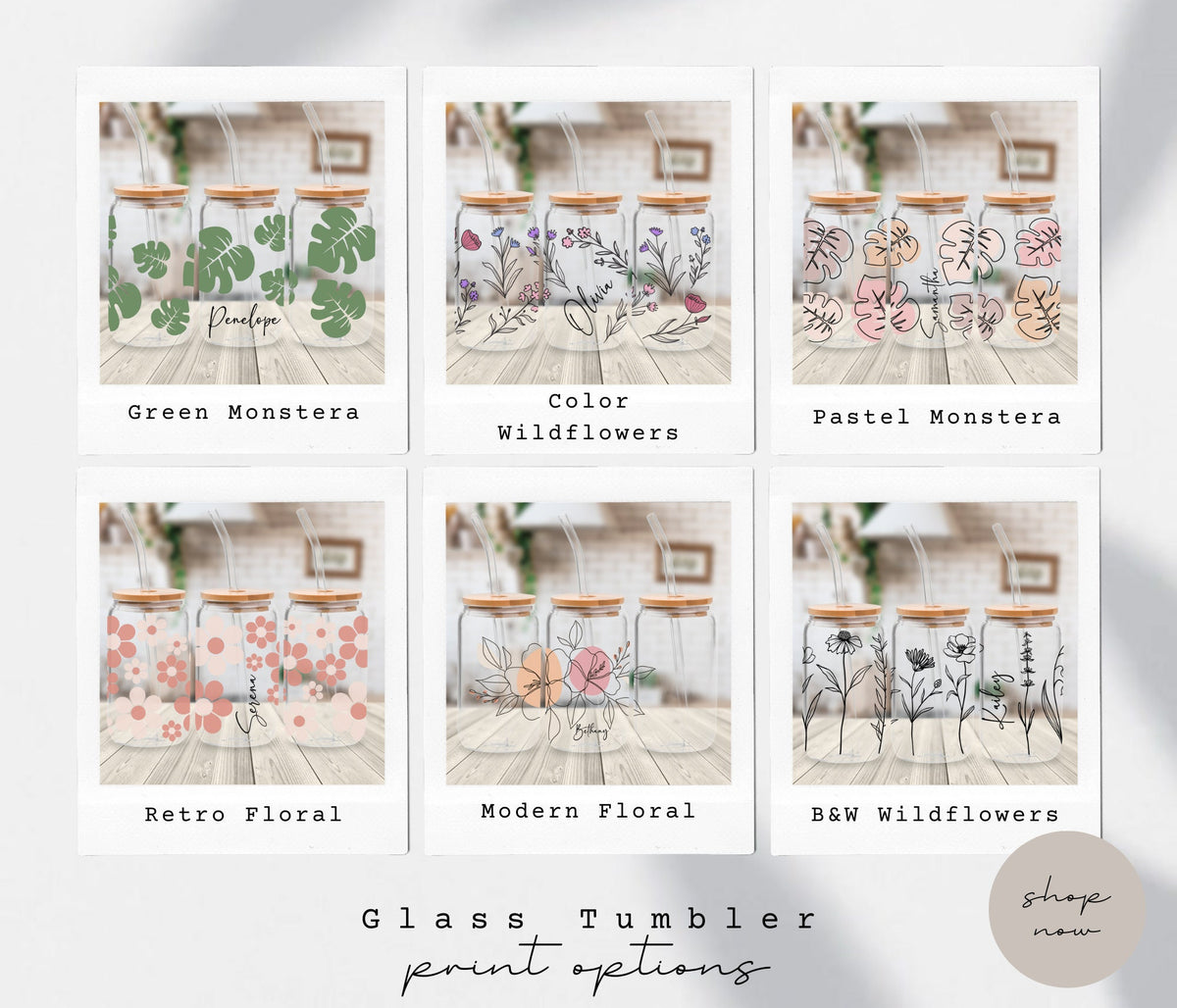 Personalized Iced Coffee Cup Floral Retro, Custom Can Glass with Lid and Straw, Bridesmaid Gift, Bachelorette Glass Cup, Bridesmaid Proposal