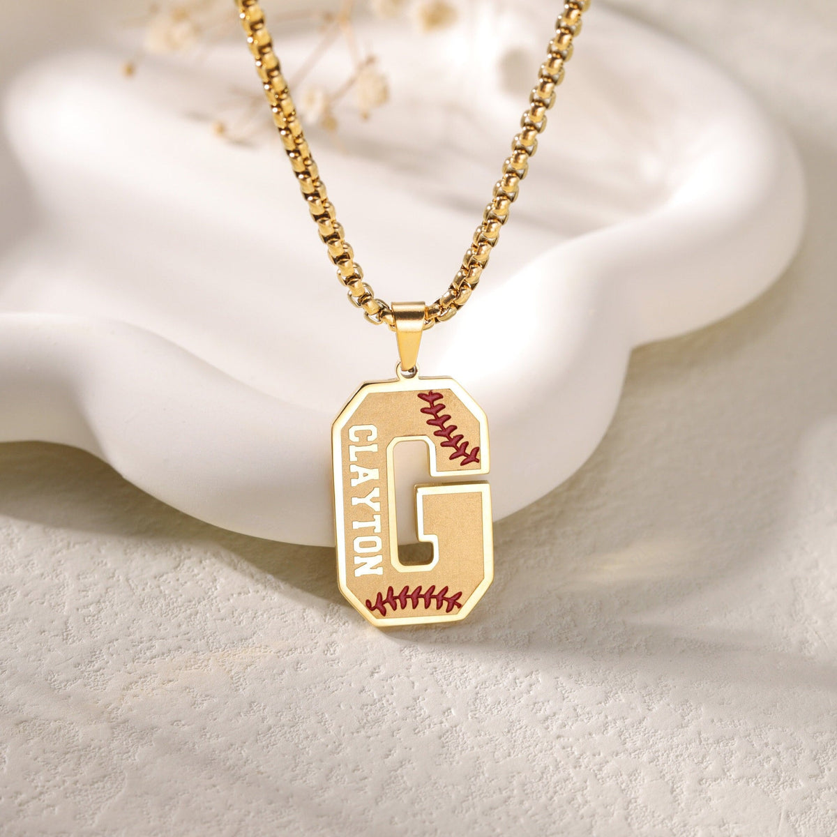 Personalized Initial Necklace with Baseball Lace|Tiny Sporty Initial Letter Necklace|Custom Lucky Pendant|Baseball and Sports Team Necklace