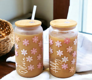 Glass Tumbler Personalized Flower Iced Coffee Cup with Name, Custom Glass with Lid and Straw, Personalized Gift Bridesmaid Gift Glass Cup