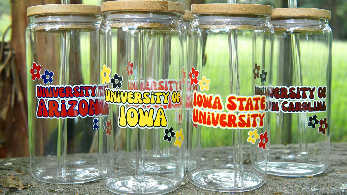 Custom College Merch 16oz Iced Coffee Glass, Sorority Merch College Logo Cup Name Tumbler Can Glass, Personalized College Student Gift Grad