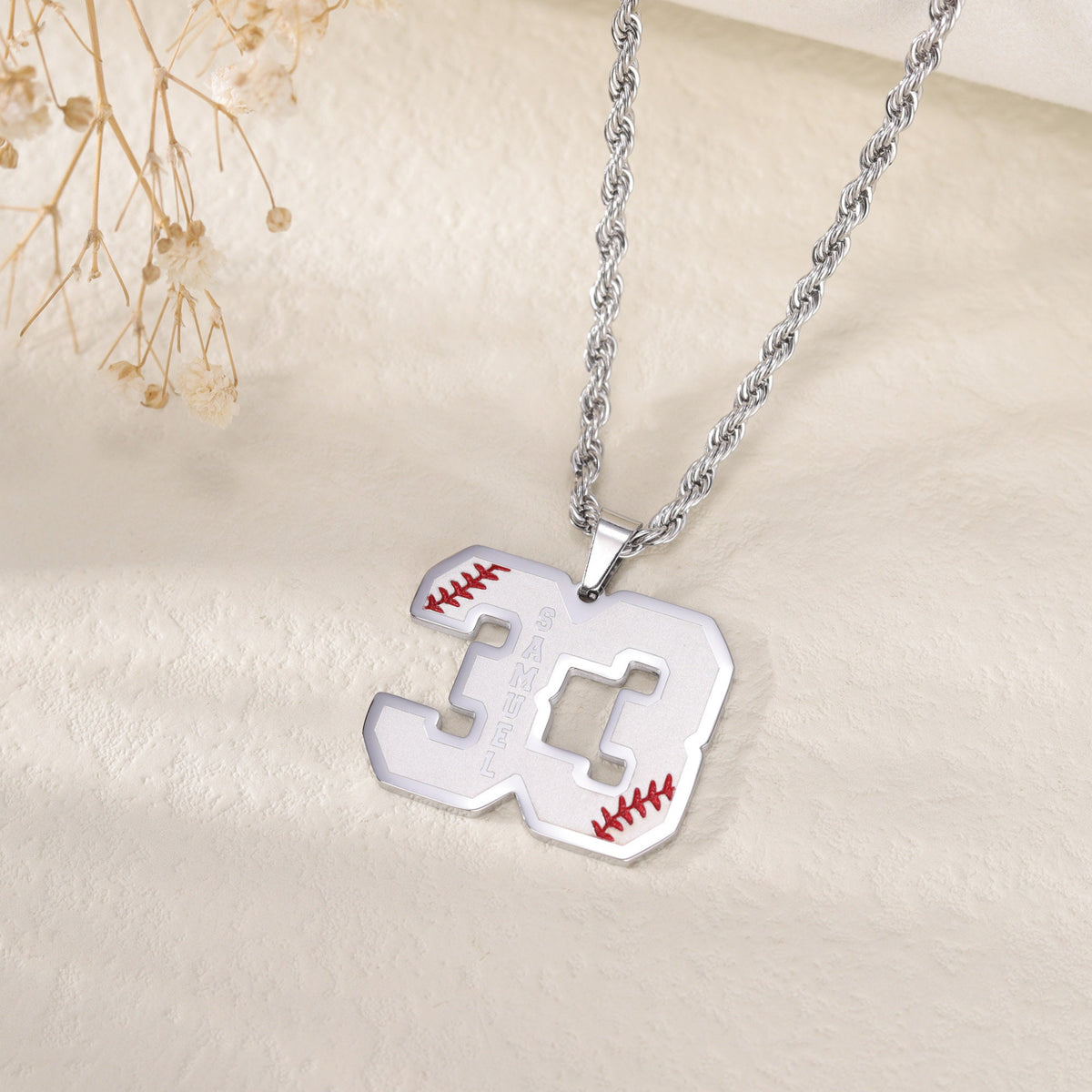Customized Engraved Sport Number Necklace with Name|Baseball Lace Necklace|Personalized Lucky Pendant|Softball and Sports Team Number