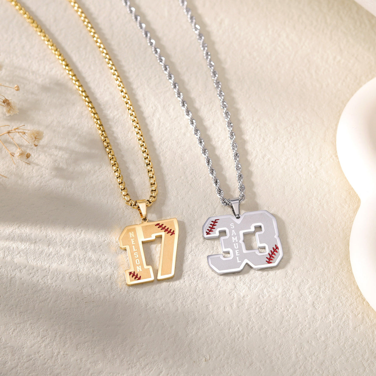 Customized Engraved Sport Number Necklace with Name|Baseball Lace Necklace|Personalized Lucky Pendant|Softball and Sports Team Number