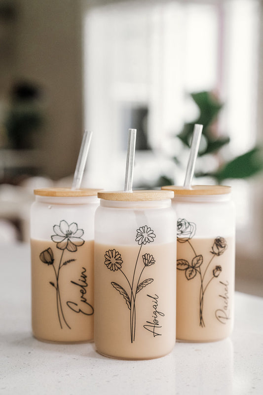 Bridesmaid Gift - Birth Flower Glass Coffee Cup - Personalized Bridesmaid Proposal, Gifts for Her, Party Favor