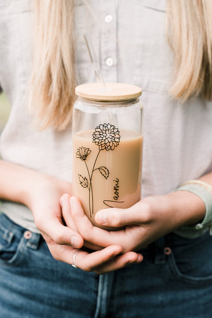 Bridesmaid Gift - Birth Flower Glass Coffee Cup - Personalized Bridesmaid Proposal, Gifts for Her, Party Favor
