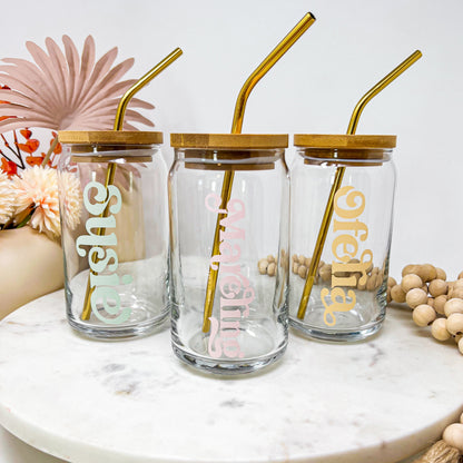 Personalized Glass Cup with Bamboo Lid & Straw - 16 oz Beer Can Glass | Custom Mason Jar | Iced Coffee Mug | Bridesmaid Gift | Tumbler