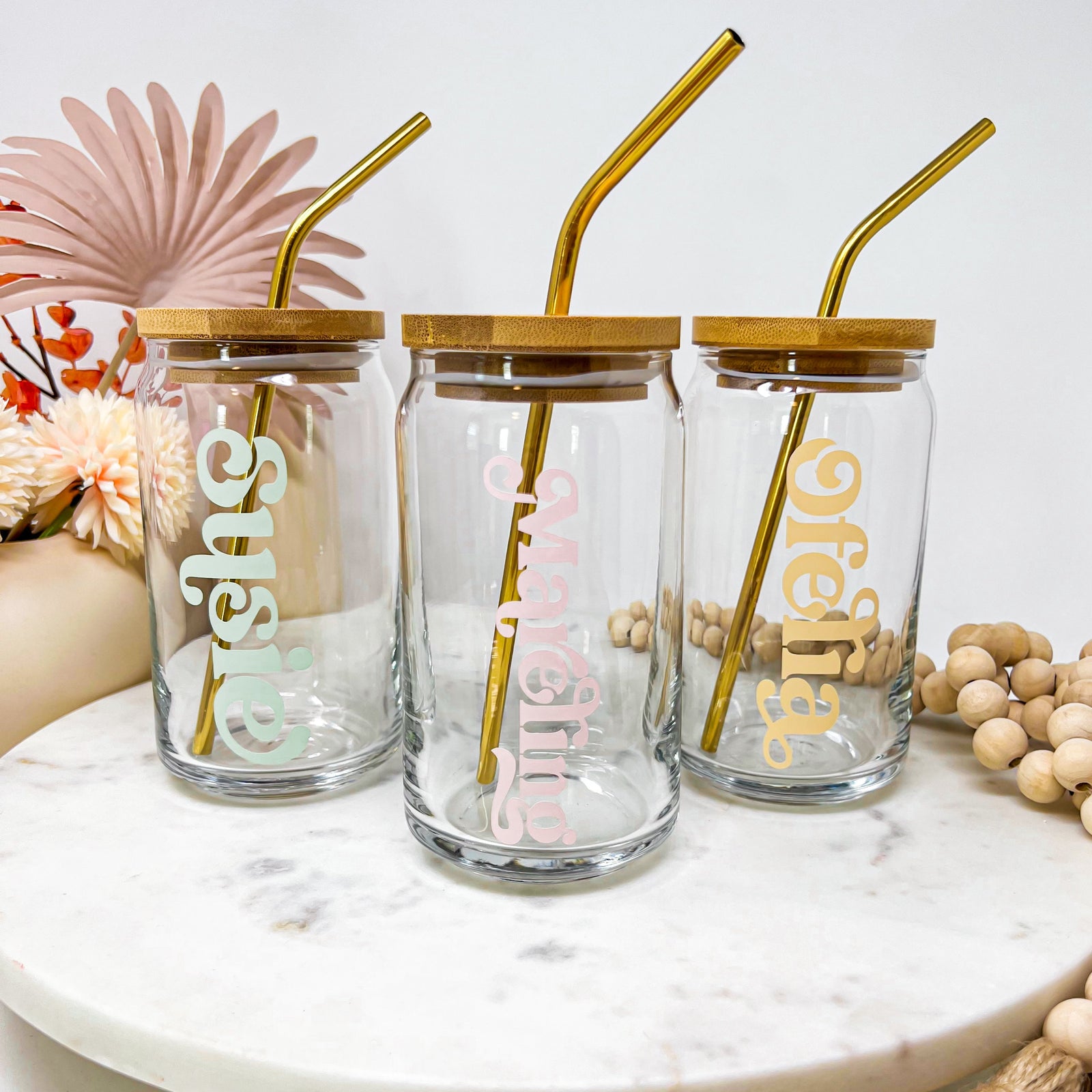 Personalized Glass Cup with Bamboo Lid & Straw - 16 oz Beer Can Glass | Custom Mason Jar | Iced Coffee Mug | Bridesmaid Gift | Tumbler
