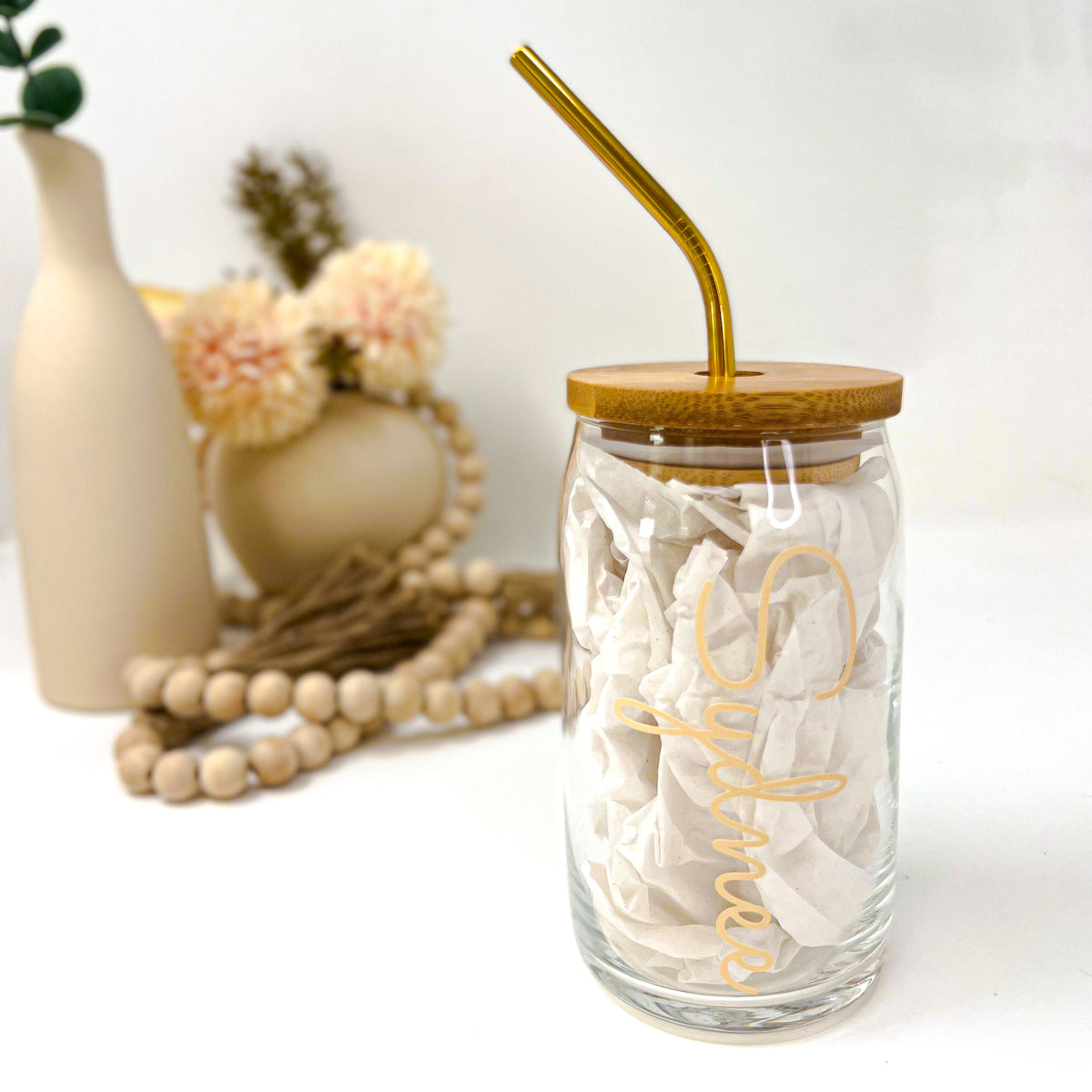 Personalized Glass Cup with Bamboo Lid & Straw - 16 oz Beer Can Glass | Custom Mason Jar | Iced Coffee Mug | Bridesmaid Gift | Tumbler