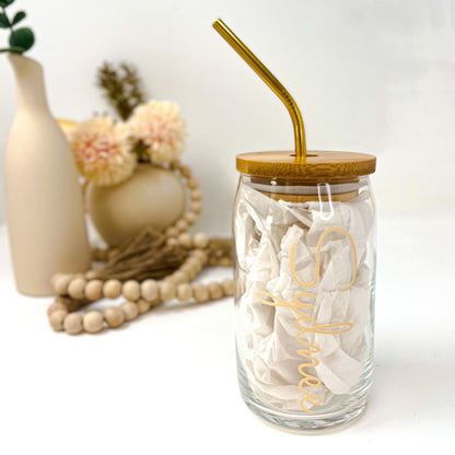 Personalized Glass Cup with Bamboo Lid & Straw - 16 oz Beer Can Glass | Custom Mason Jar | Iced Coffee Mug | Bridesmaid Gift | Tumbler